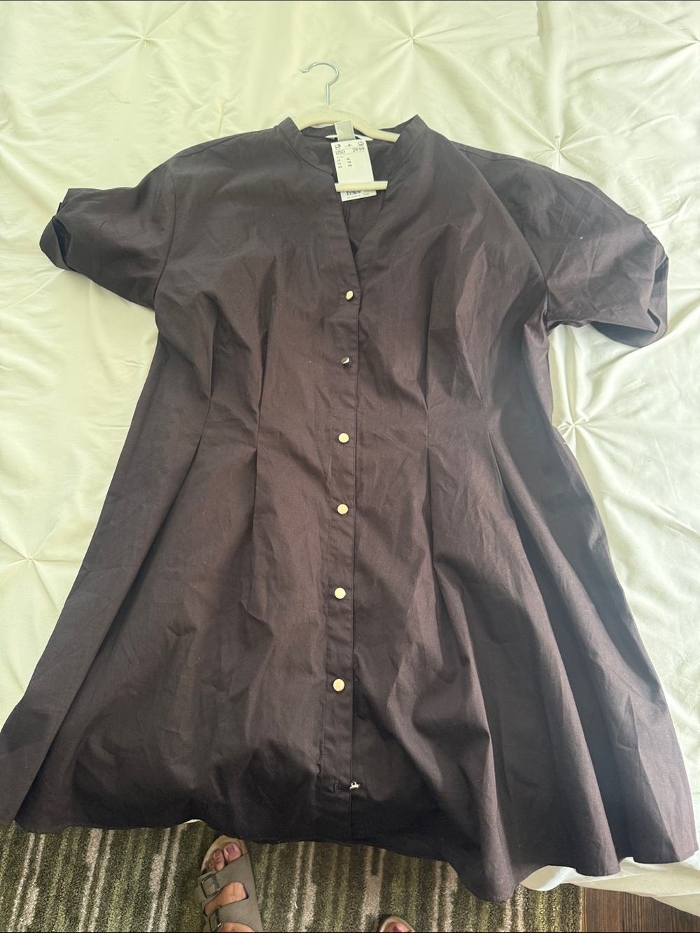 H&M Dark Brown Button-Front Short Sleeve Midi Dress